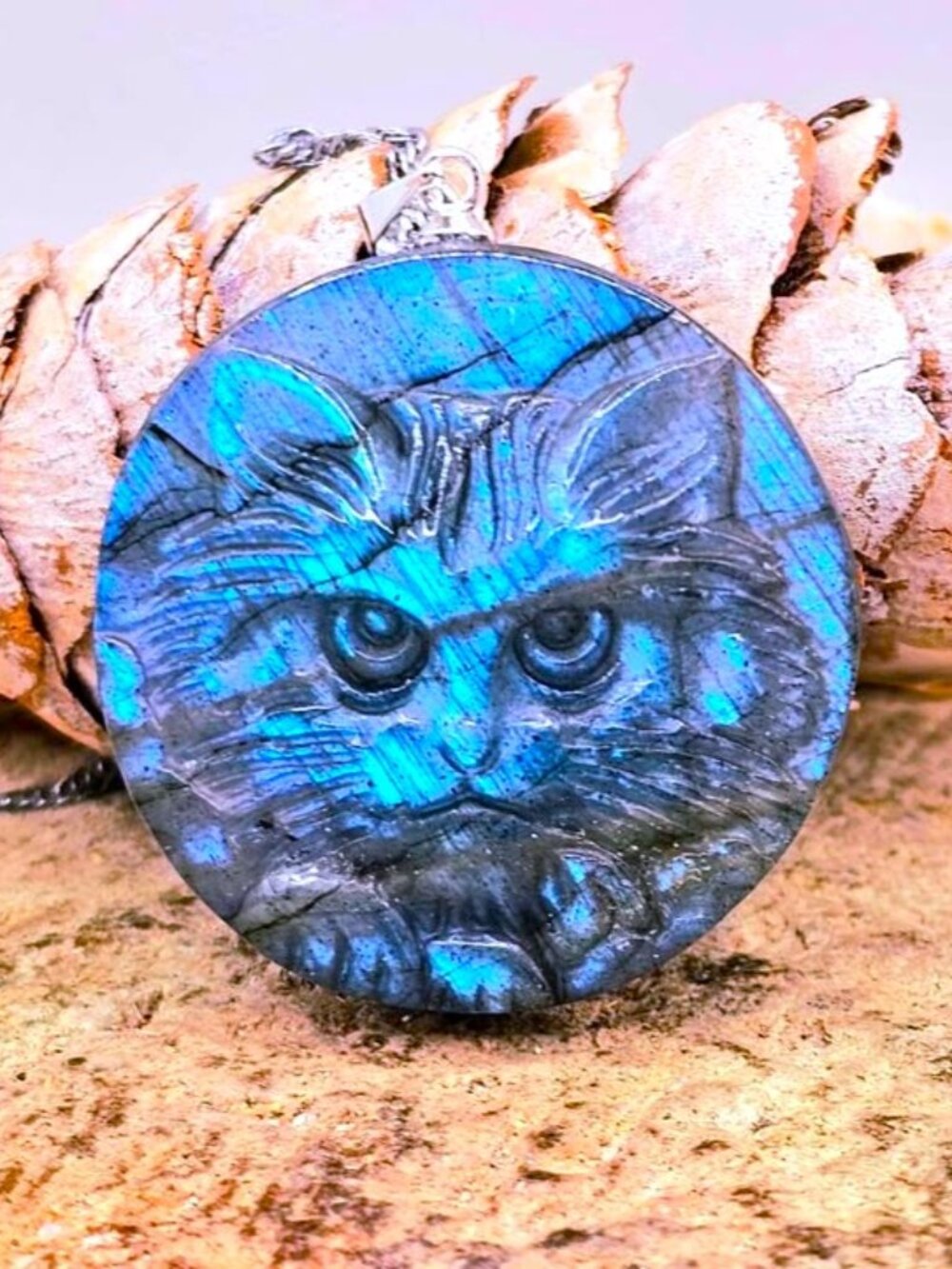 Natural Labradorite Flashy Cat Face Pendant Necklace • Stone Cat Crystal Pendant